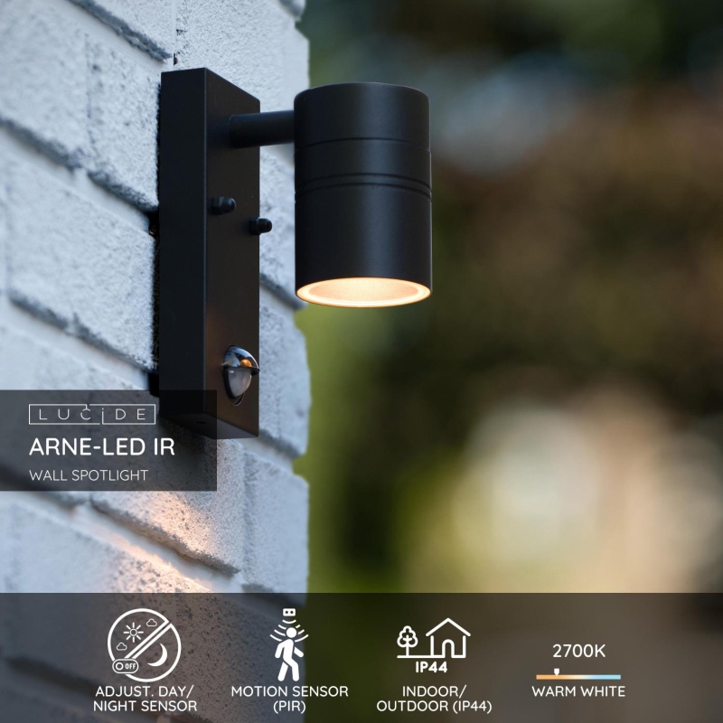 Lucide ARNE-LED - Vonkajšie nástenné bodové svietidlo - Ø 6,3 cm - LED - GU10 - 1x5W 2700K - IP44 - Čierna